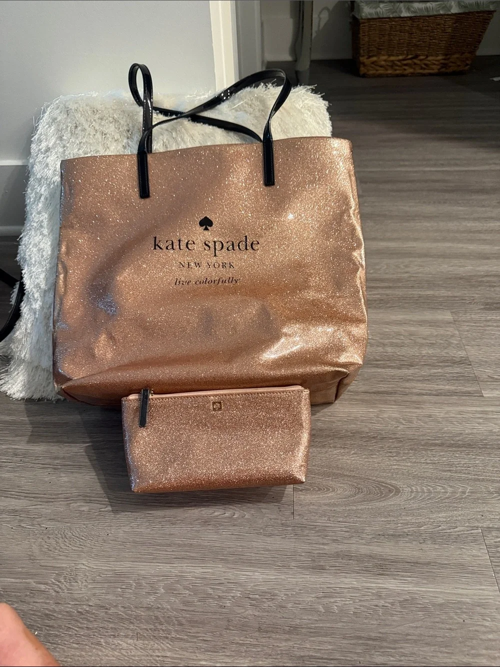 Kate Spade Rose Gold Glitter Tote with Matching Pouch